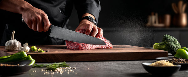 Bucătar taie carne cu un cuțit damasc DACOBI, pe un tocător din lemn