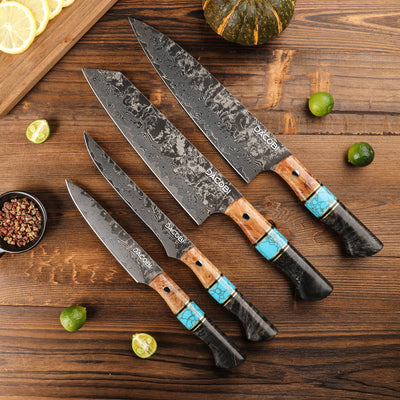 Colecția Regal, Cuțite profesionale, oțel damasc 67 straturi, mâner lemn + piatră turcuoaz
