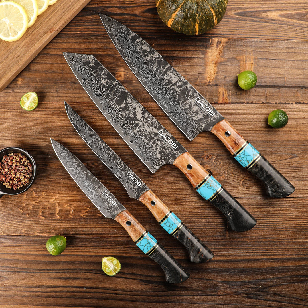 Colecția Regal, Cuțite profesionale, oțel damasc 67 straturi, mâner lemn + piatră turcuoaz