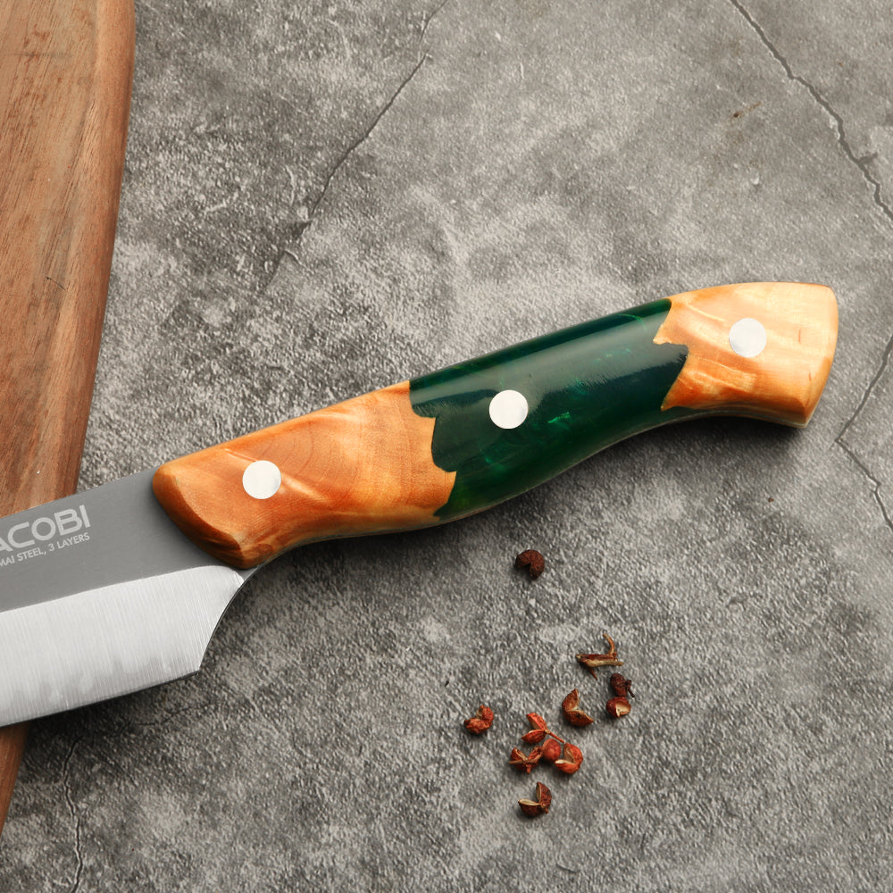 Cuțit universal de bucătărie, mâner arțar și rășină colorată, 14.5 cm (C46) - DACOBI.ro