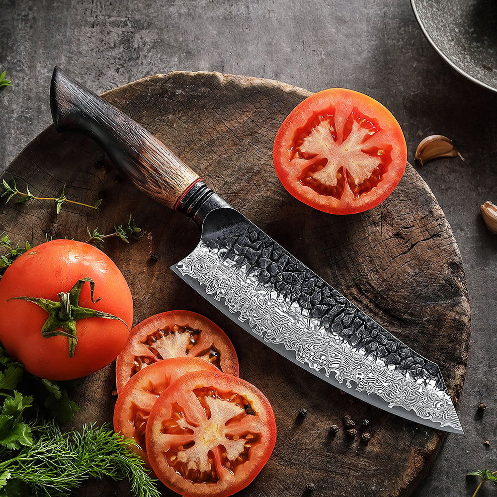 Cuțit Santoku, mâner ergonomic stejar alb, oțel damasc, 19 cm (C62)