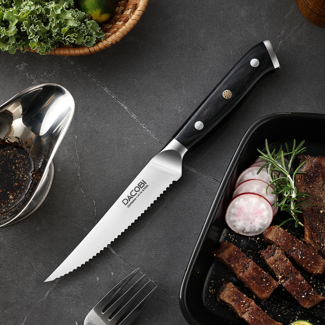 Cuțit pentru steak oțel german, mâner lemn pakka, 11 cm (C51) - DACOBI.ro