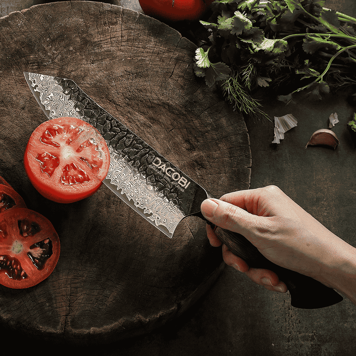 Cuțit Santoku, mâner ergonomic stejar alb, oțel damasc, 19 cm (C62)