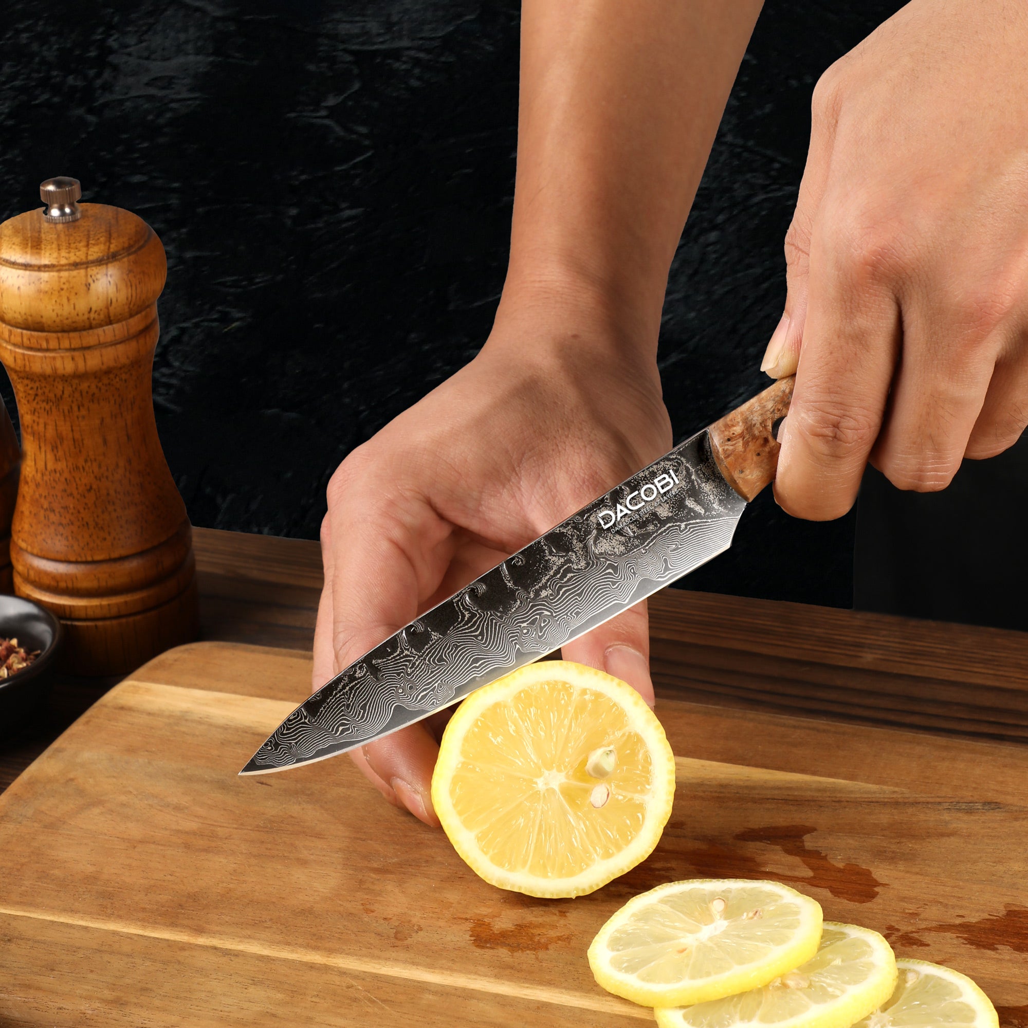 Cuțit universal cu mâner de arțar stabilizat, oțel damasc, 12.8 cm (C70)