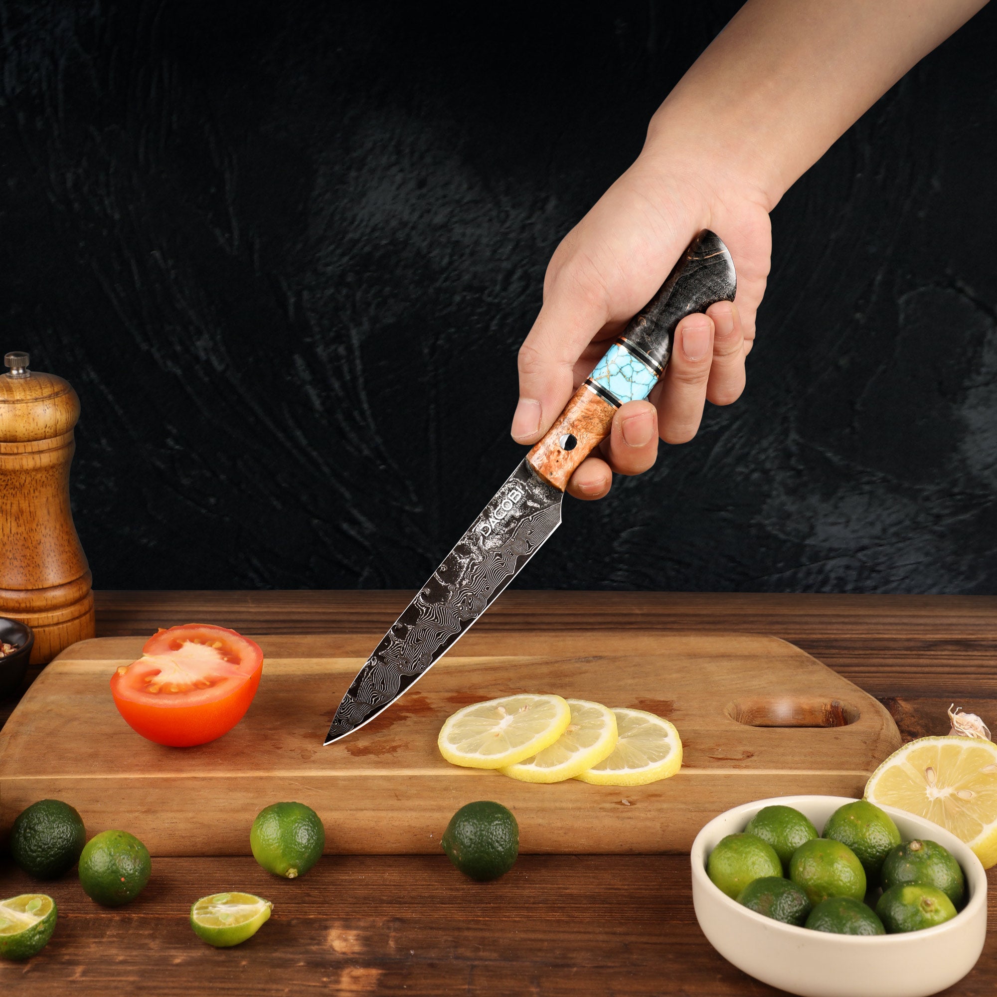 Cuțit universal cu mâner de arțar stabilizat, oțel damasc, 12.8 cm (C70)