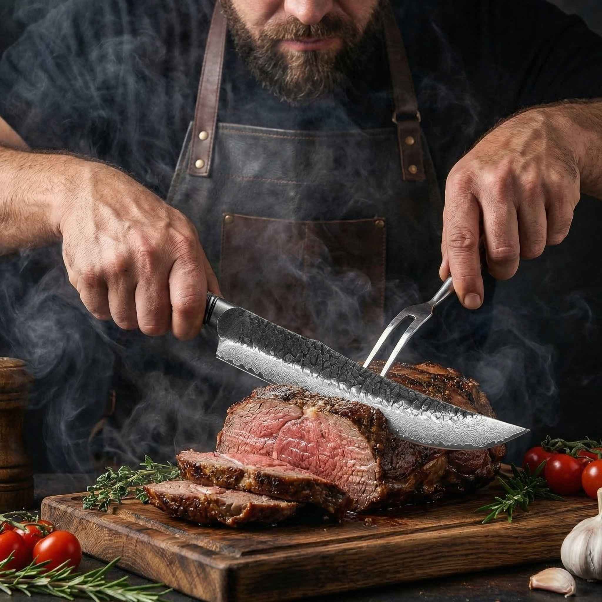 Cuțitul măcelarului, oțel damasc, mâner stejar, 25.5 cm (C71)