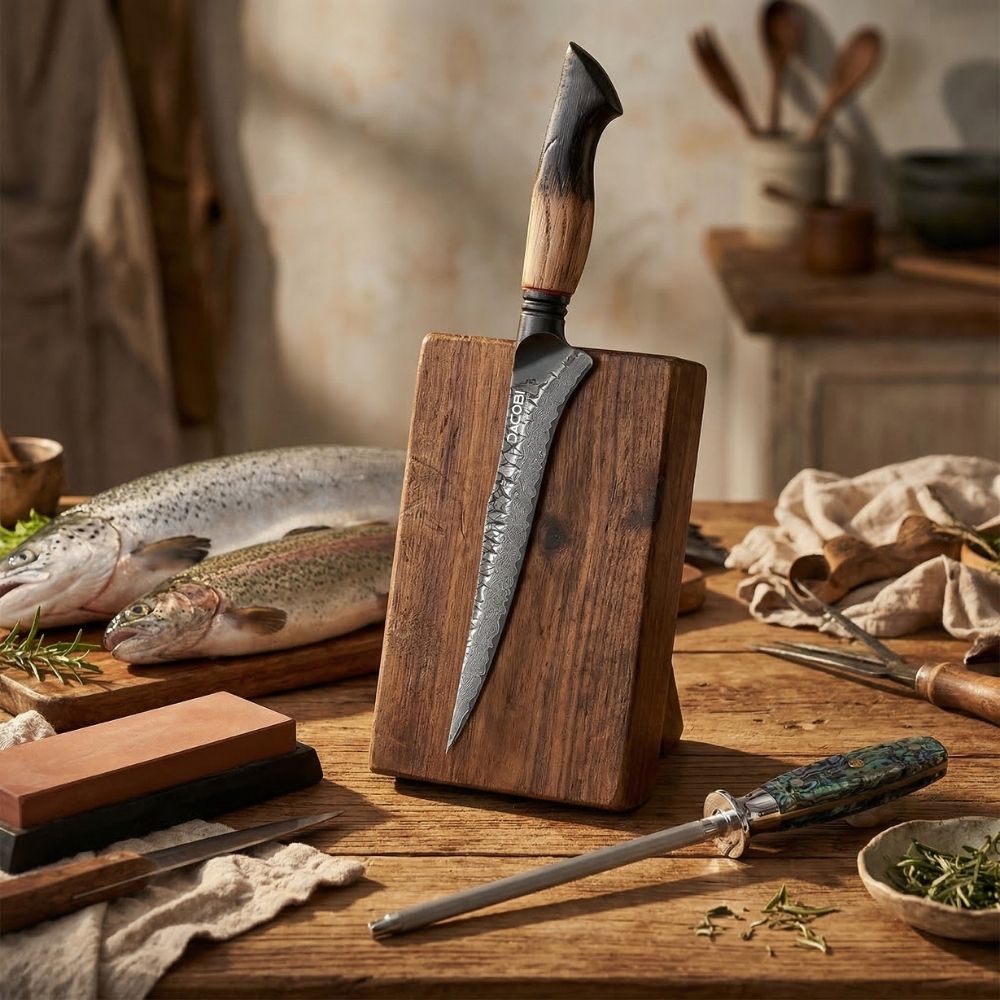 Cuțit pentru filetat oțel damasc, mâner stejar, 15.5 cm, C72