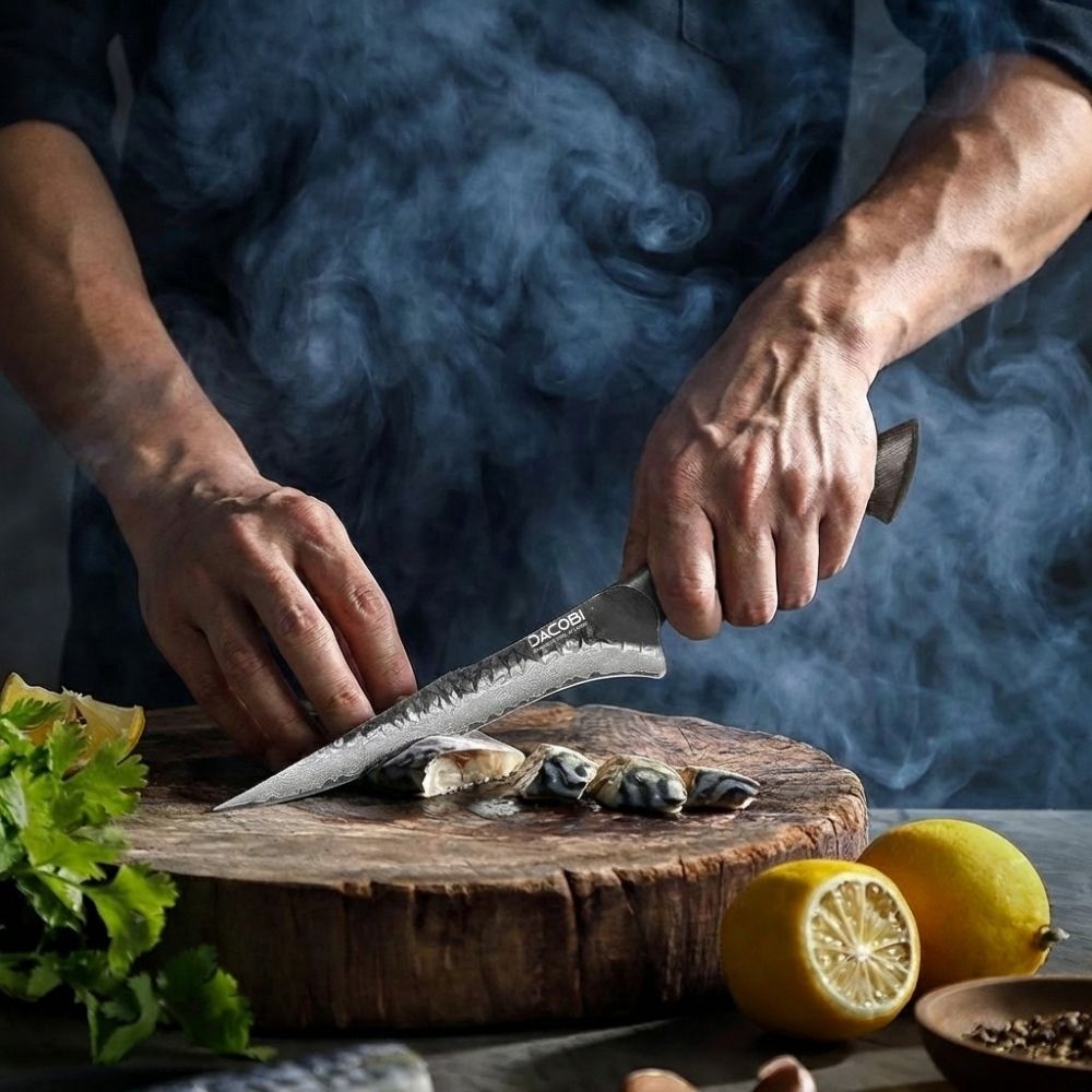 Cuțit pentru filetat oțel damasc, mâner stejar, 15.5 cm, C72