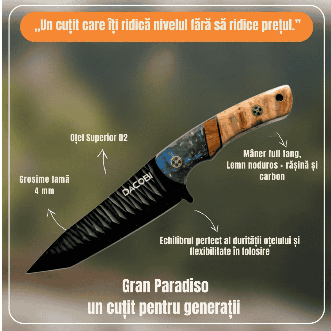 Cuțit Gran Paradiso pentru camping, mâner rășină cu carbon și lemn, oțel D2