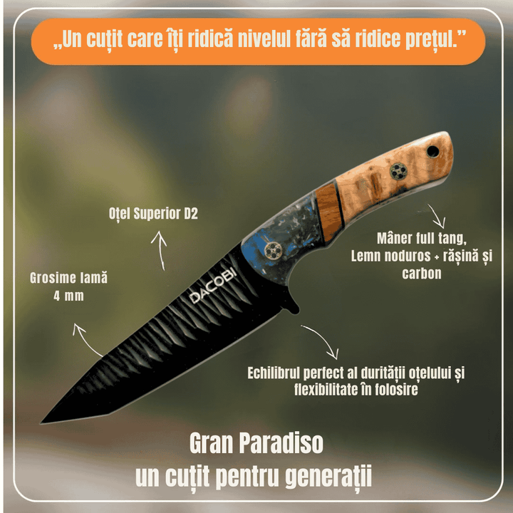Cuțit Gran Paradiso pentru camping, mâner rășină cu carbon și lemn, oțel D2