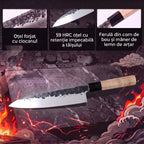 Caracteristici cuțit Gyuto Tsuchime: oțel forjat, 59 HRC, ferulă corn de bou