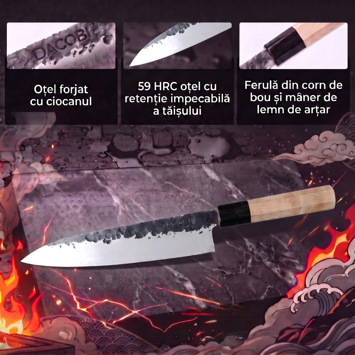 Caracteristici cuțit Gyuto Tsuchime: oțel forjat, 59 HRC, ferulă corn de bou