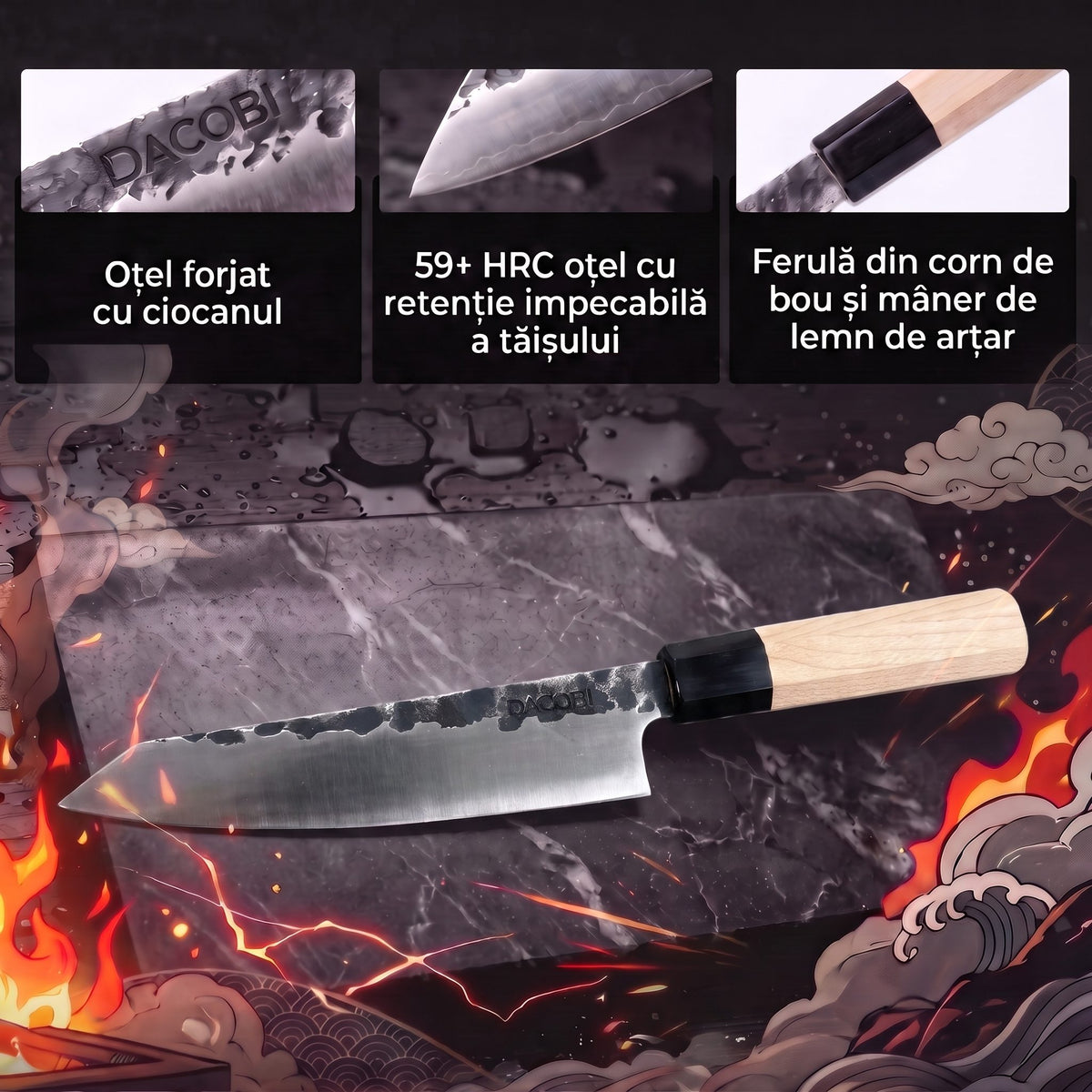 Caracteristici cuțit Honesuki Tsuchime: oțel forjat, 59 HRC, ferulă corn de bou