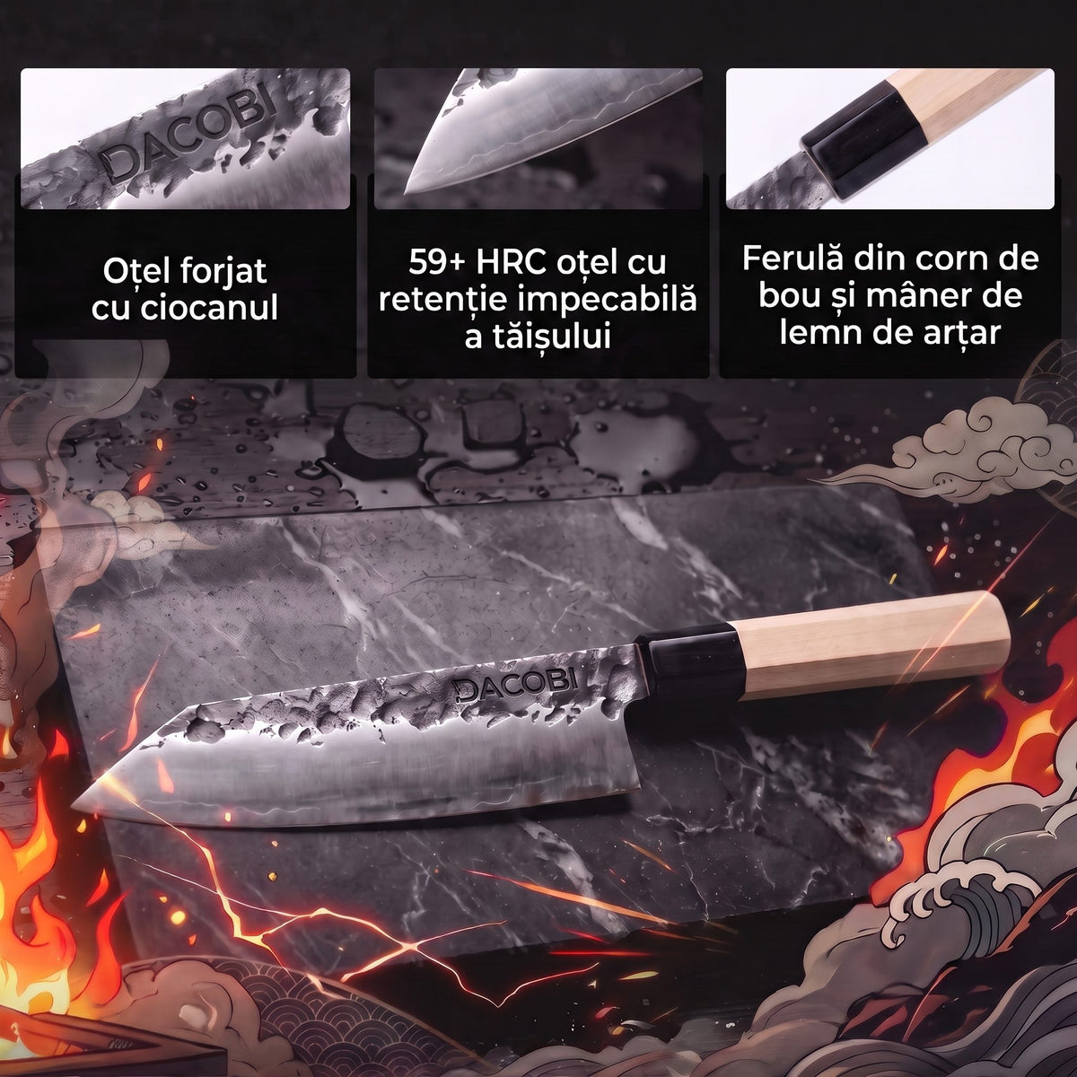 Caracteristici cuțit Kiritsuke Tsuchime: oțel forjat, 59 HRC, ferulă corn de bou
