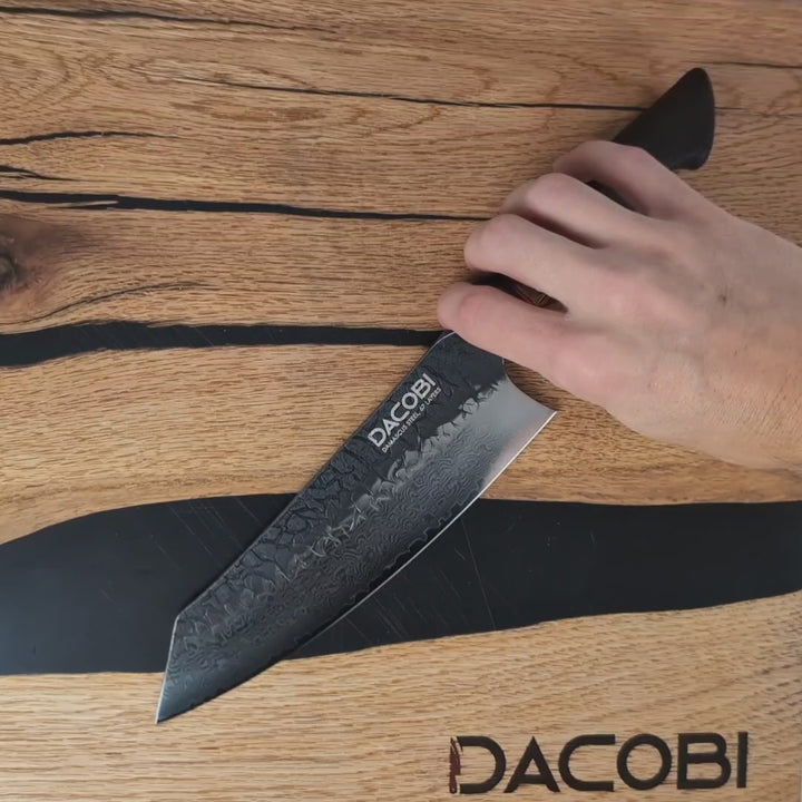 Cuțit Santoku, mâner ergonomic stejar alb, oțel damasc, 19 cm (C62)