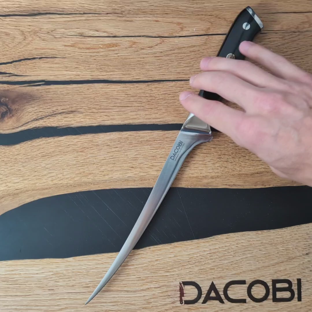 Cuțit de filetat, pentru filetat pește, lamă flexibilă, oțel german, mâner lemn pakka 20 cm (C10)