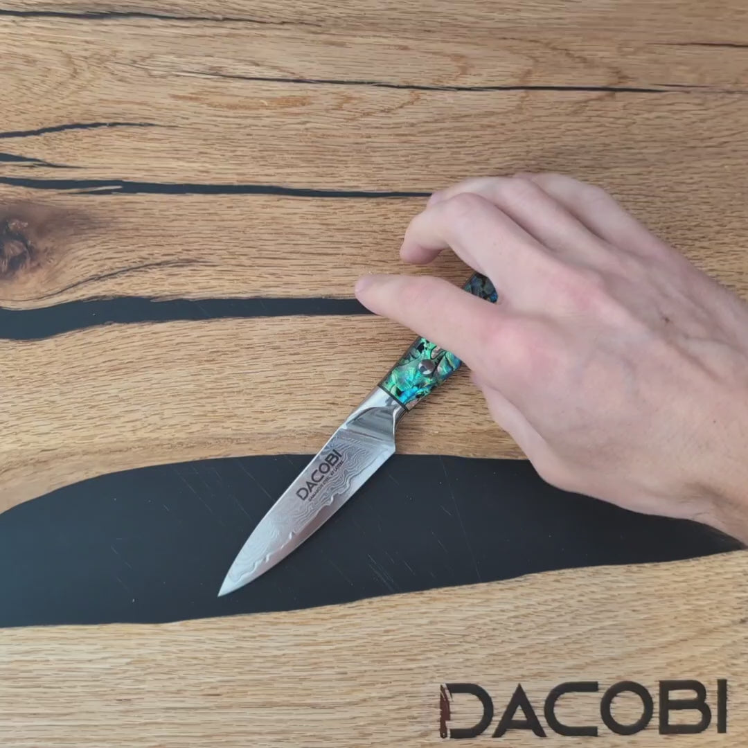 Cuțit pentru decojit, pentru curățat fructe, oțel damasc, mâner rășină colorată, 9 cm, (C21)