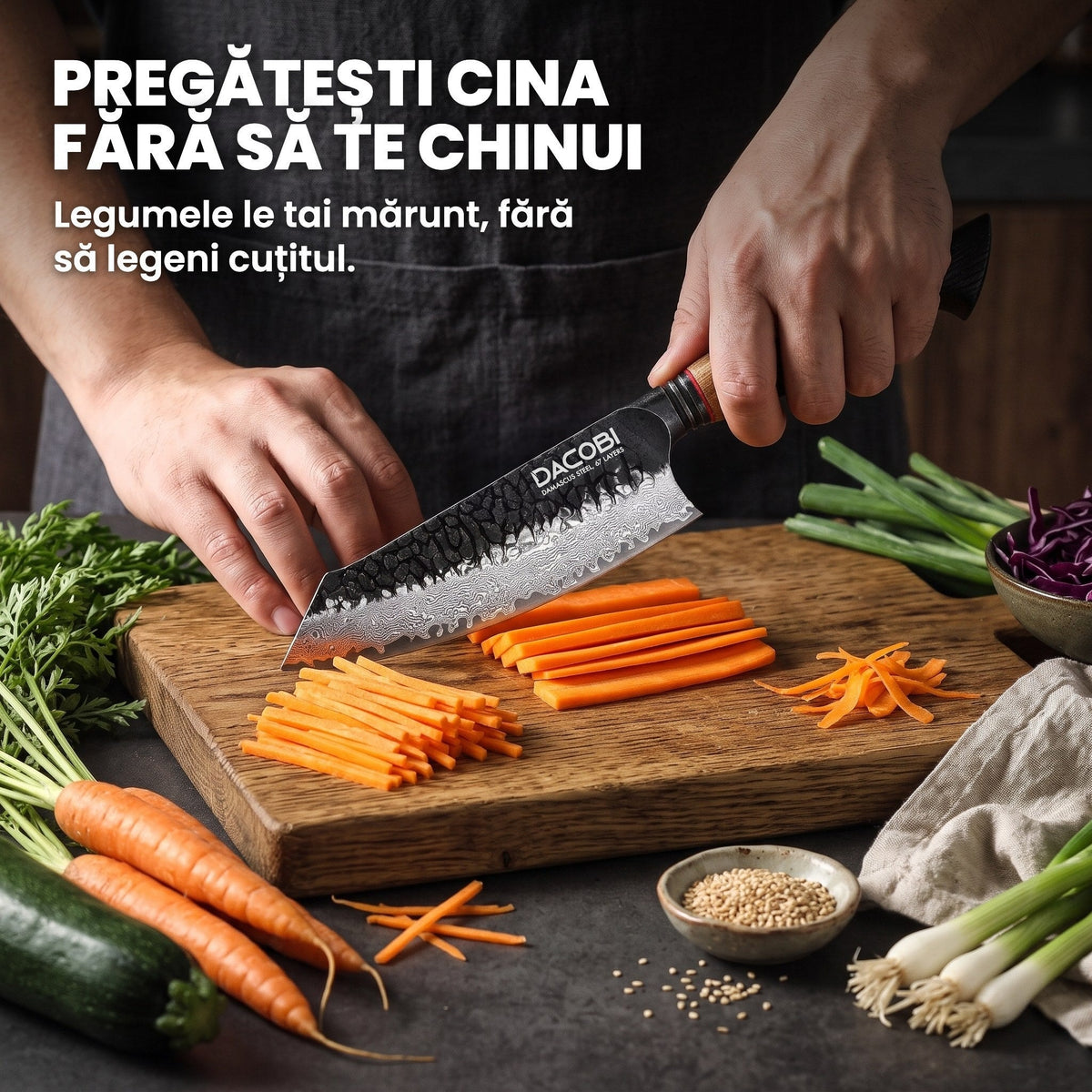 Santoku Ragnarok tăind morcovi bețișoare pe un tocător de stejar