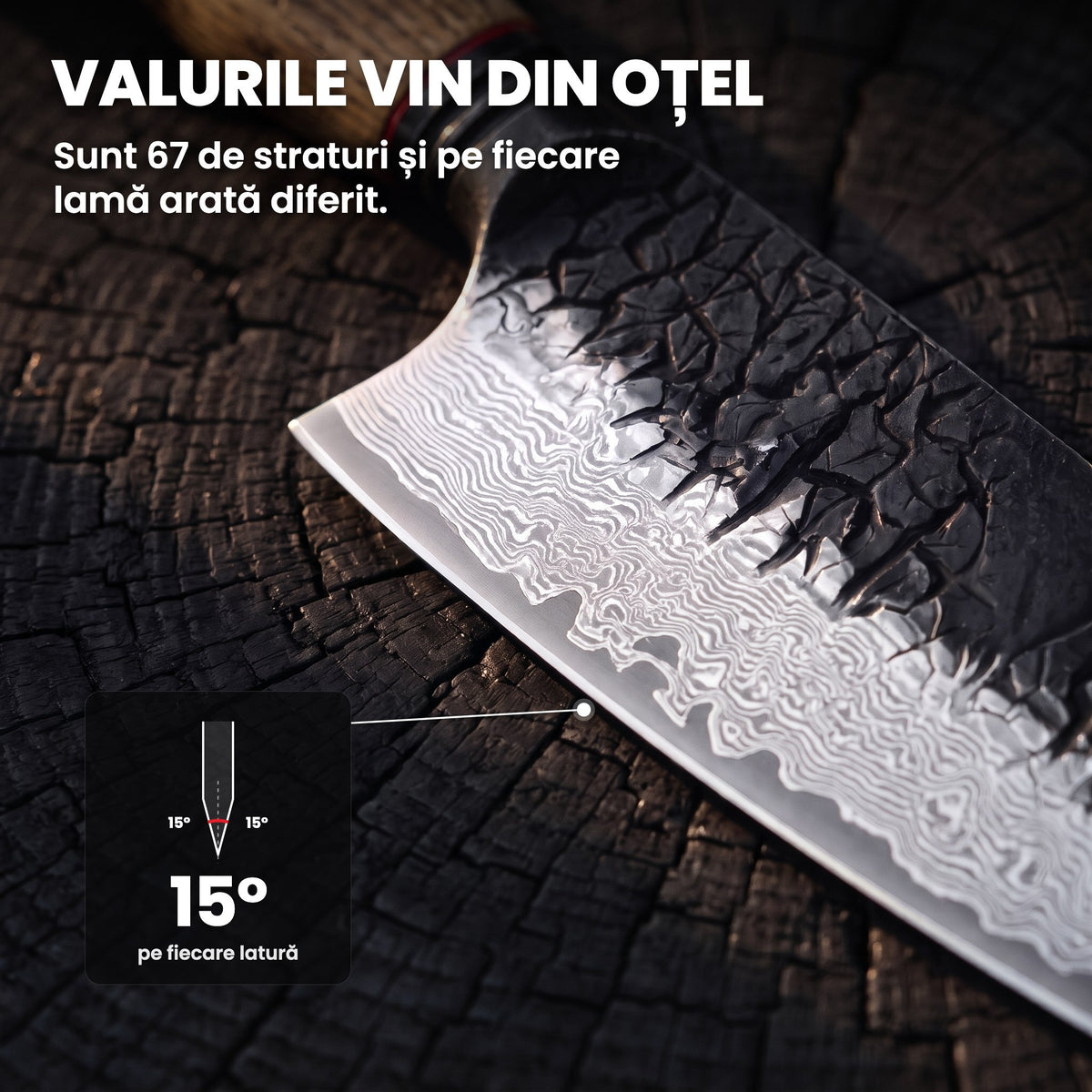 Lama Santoku Ragnarok din Damasc, de aproape, cu tăișul de 15° pe fiecare latură