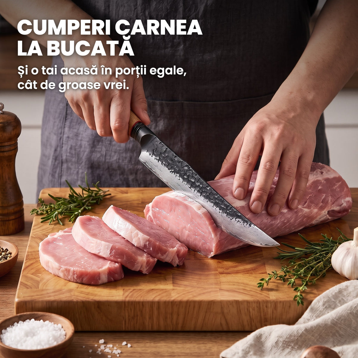 Ragnarok porționând un cotlet de porc în bucăți egale