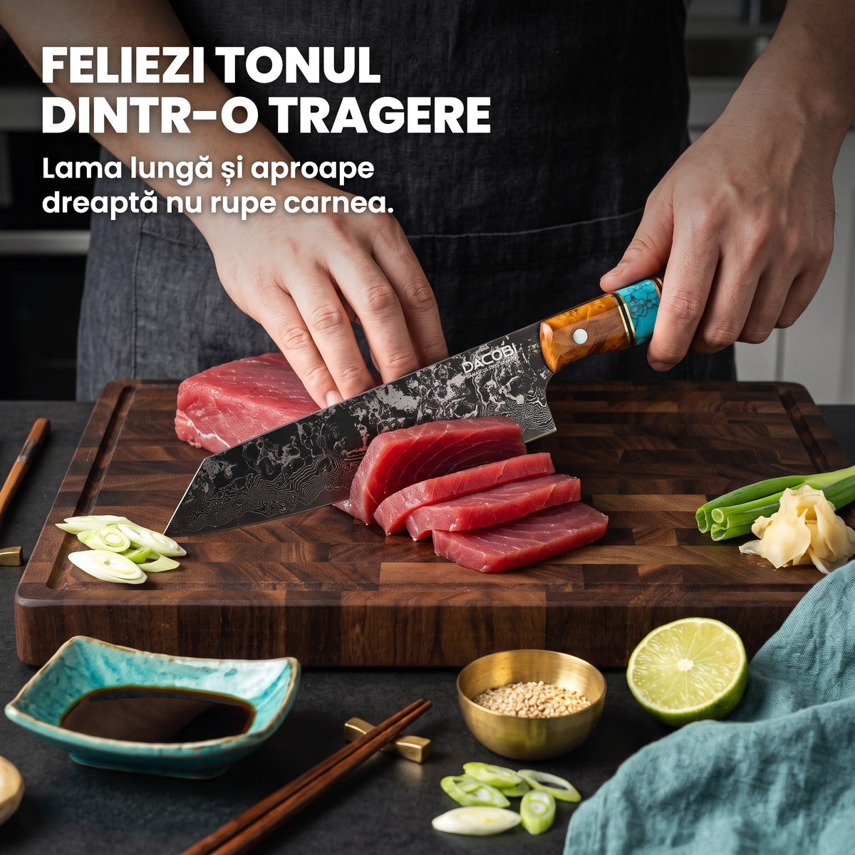 Regal Kiritsuke feliind ton crud pe un tocător de nuc