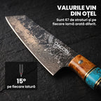 Lama Kiritsuke Regal din Damasc, de aproape, cu tăișul de 15° pe fiecare latură