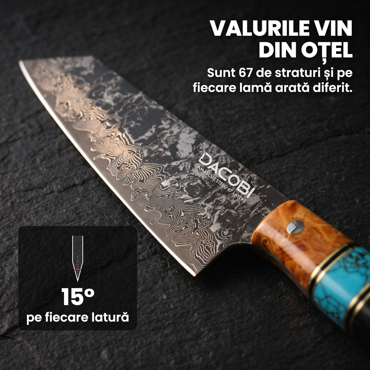Lama Kiritsuke Regal din Damasc, de aproape, cu tăișul de 15° pe fiecare latură
