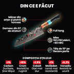 Kiritsuke Regal pe fundal negru, cu părțile marcate: mânerul din arțar cu piatră turcoaz, full tang, Damascul din 67 de straturi, miezul 10Cr15CoMoV și tăișul de 15°