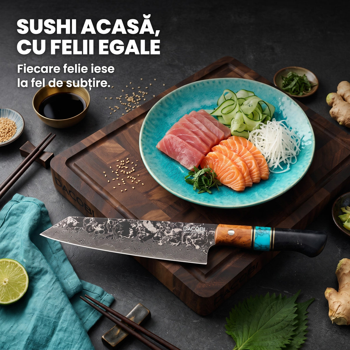 Sashimi de ton și somon feliat egal lângă Kiritsuke Regal, pe un tocător de nuc