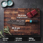 Kiritsuke Regal pe tocătorul de nuc T5, văzut de sus, cu lungimea totală de 34,4 cm și lama de 20,6 cm