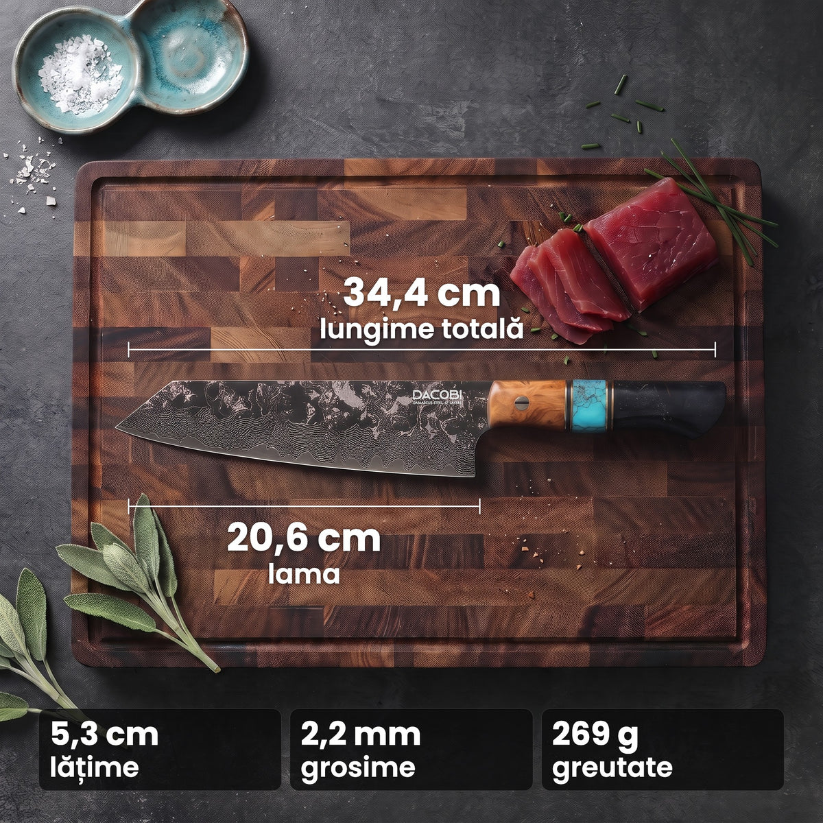 Kiritsuke Regal pe tocătorul de nuc T5, văzut de sus, cu lungimea totală de 34,4 cm și lama de 20,6 cm