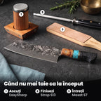 Kiritsuke Regal lângă ascuțitorul EasySharp, stropul din piele S13 și masatul S7