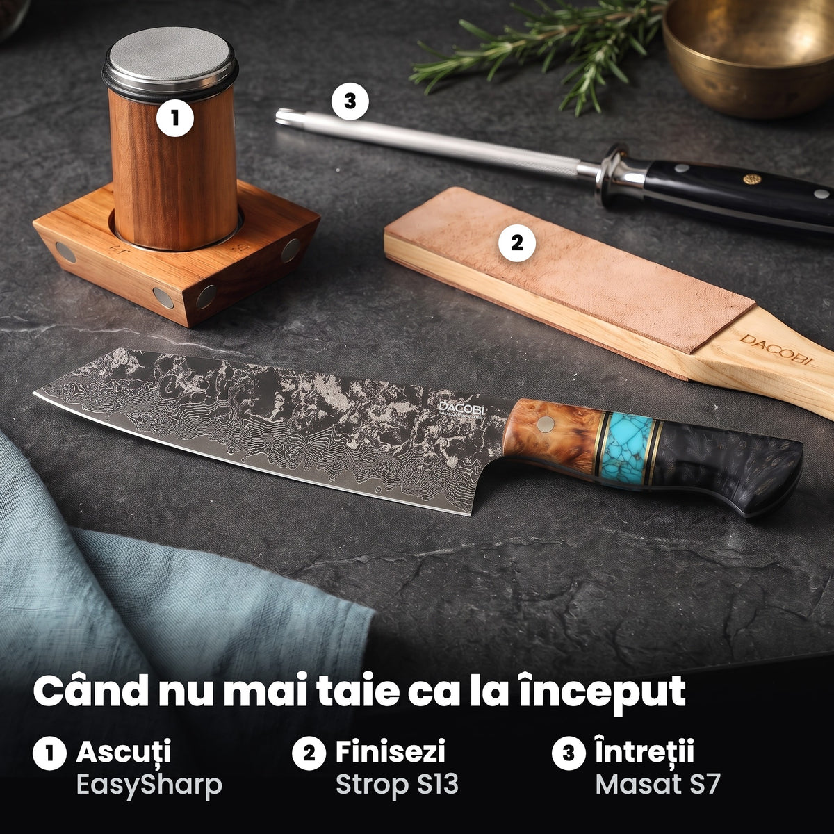 Kiritsuke Regal lângă ascuțitorul EasySharp, stropul din piele S13 și masatul S7