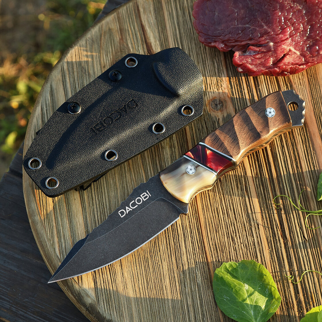 Cuțit Grizzly pentru camping, mâner lemn și corn, oțel D2