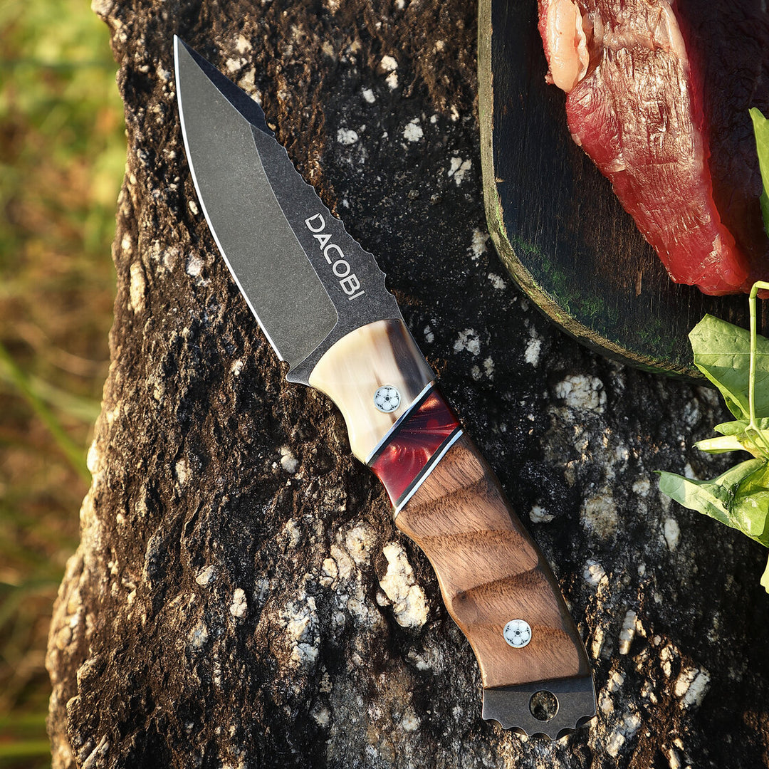 Cuțit Grizzly pentru camping, mâner lemn și corn, oțel D2