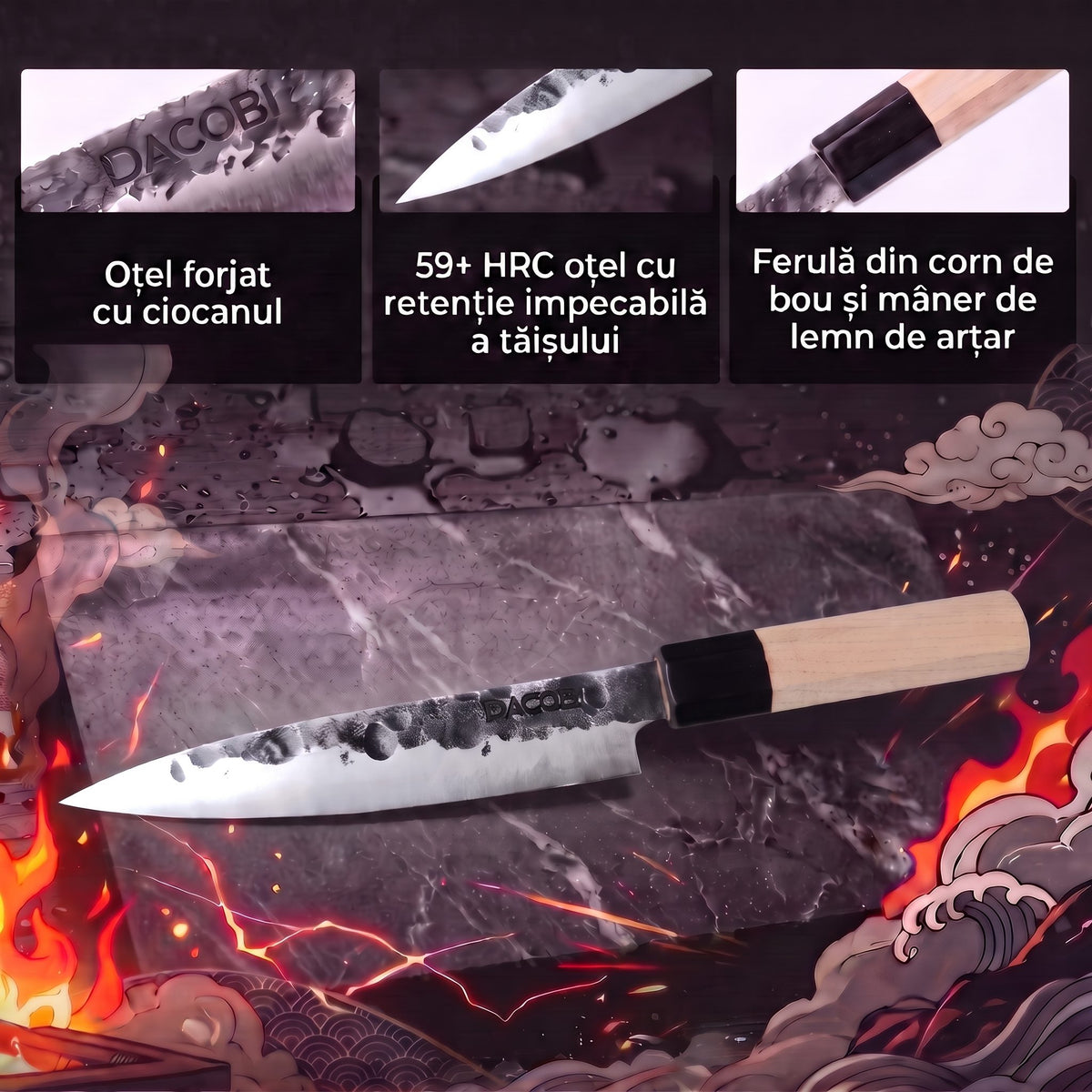 Caracteristici cuțit Utility Tsuchime: oțel forjat, 59 HRC, ferulă corn de bou