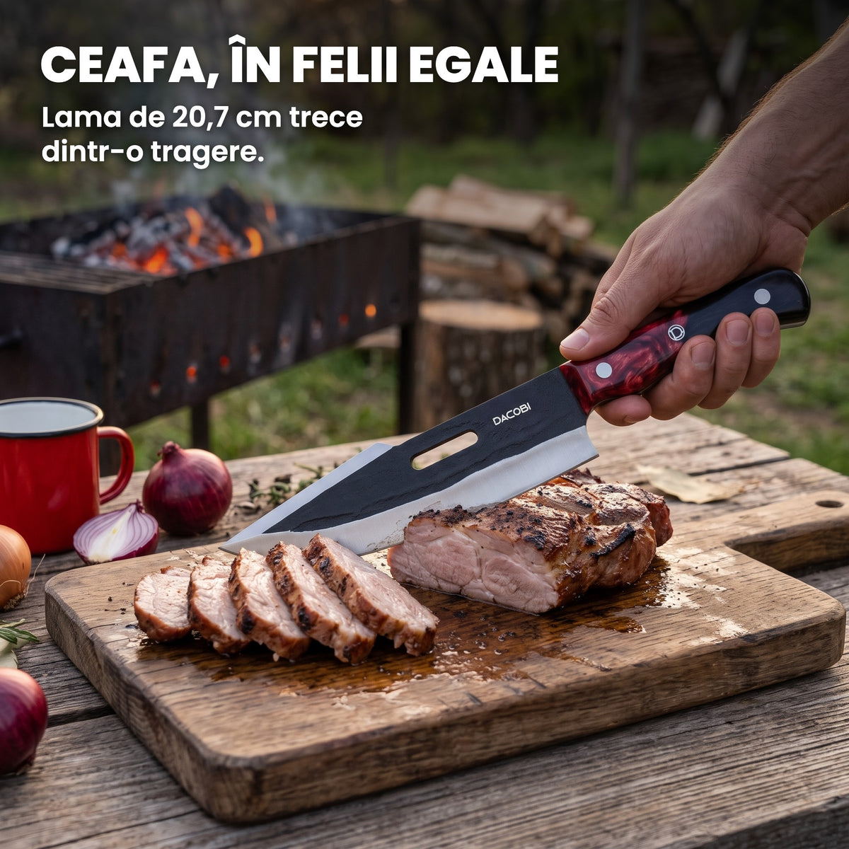 Fuji feliind ceafă de porc la grătar, pe un tocător de lemn