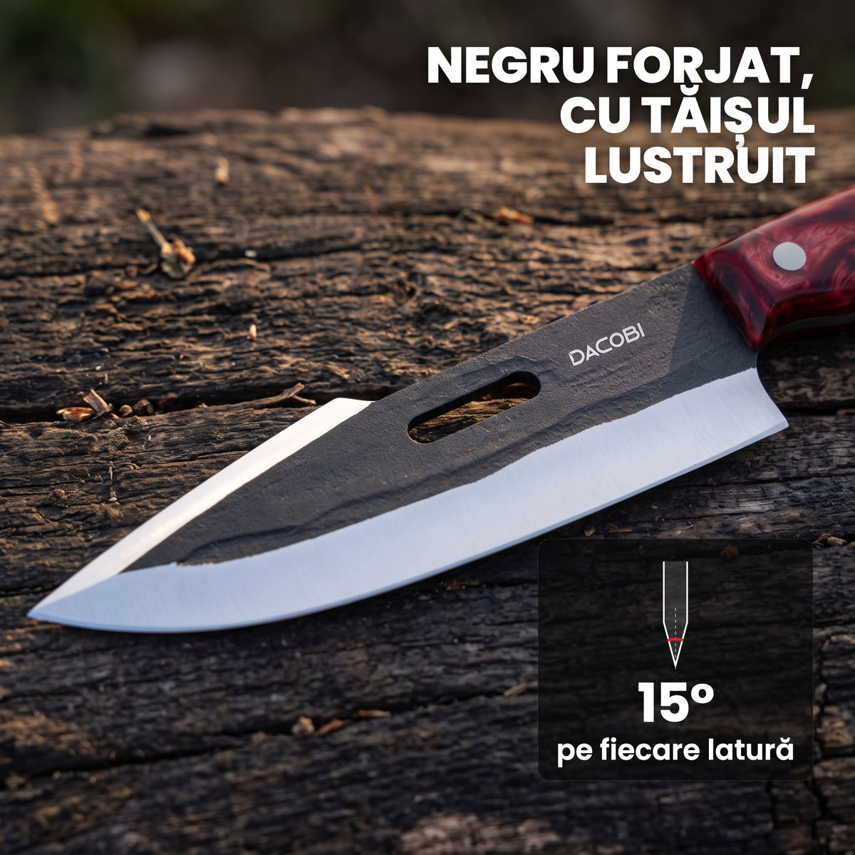 Lama Fuji de aproape: finisaj negru forjat, tăiș lustruit de 15° pe fiecare parte