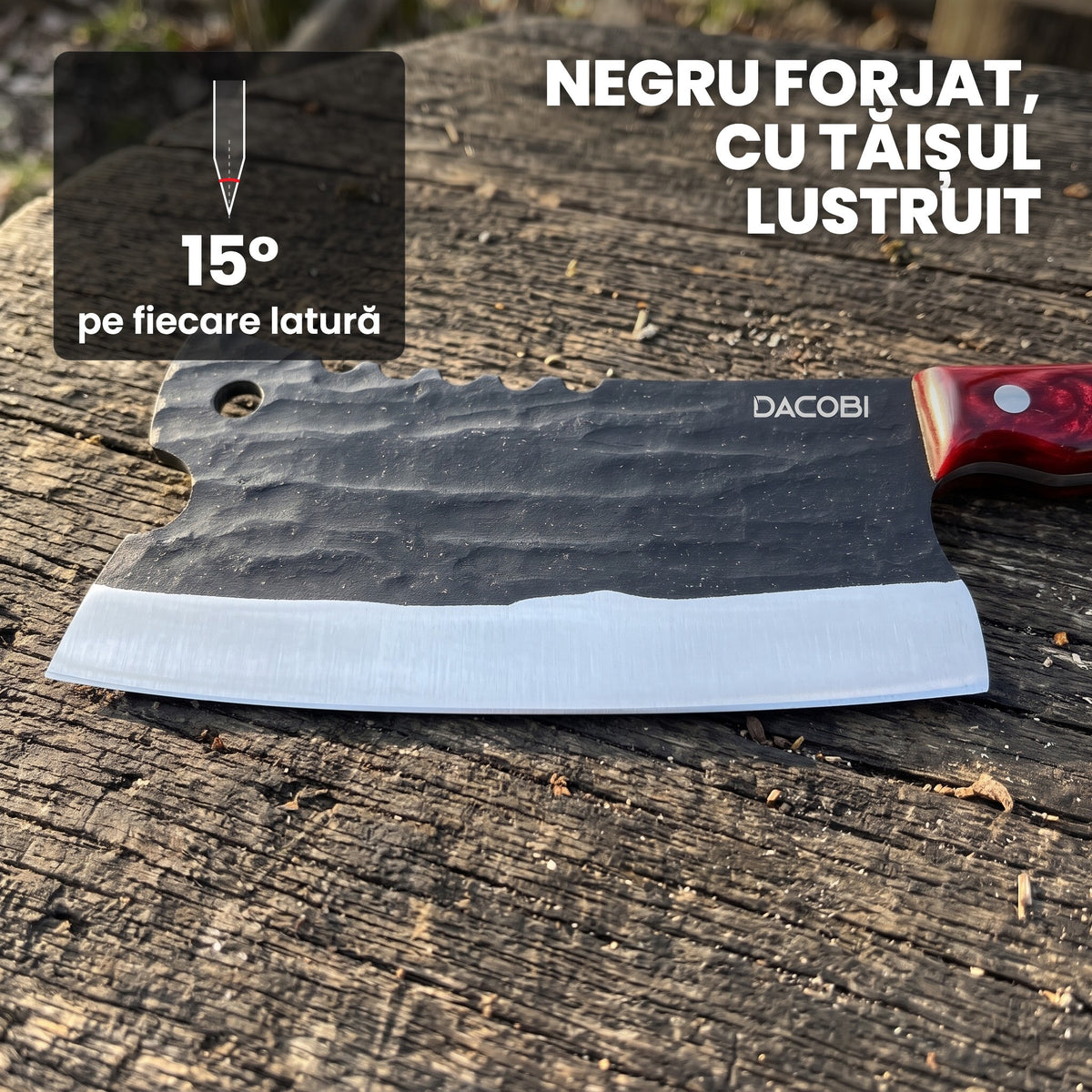 Lama Teide de aproape: finisaj negru forjat, tăiș lustruit de 15° pe fiecare parte