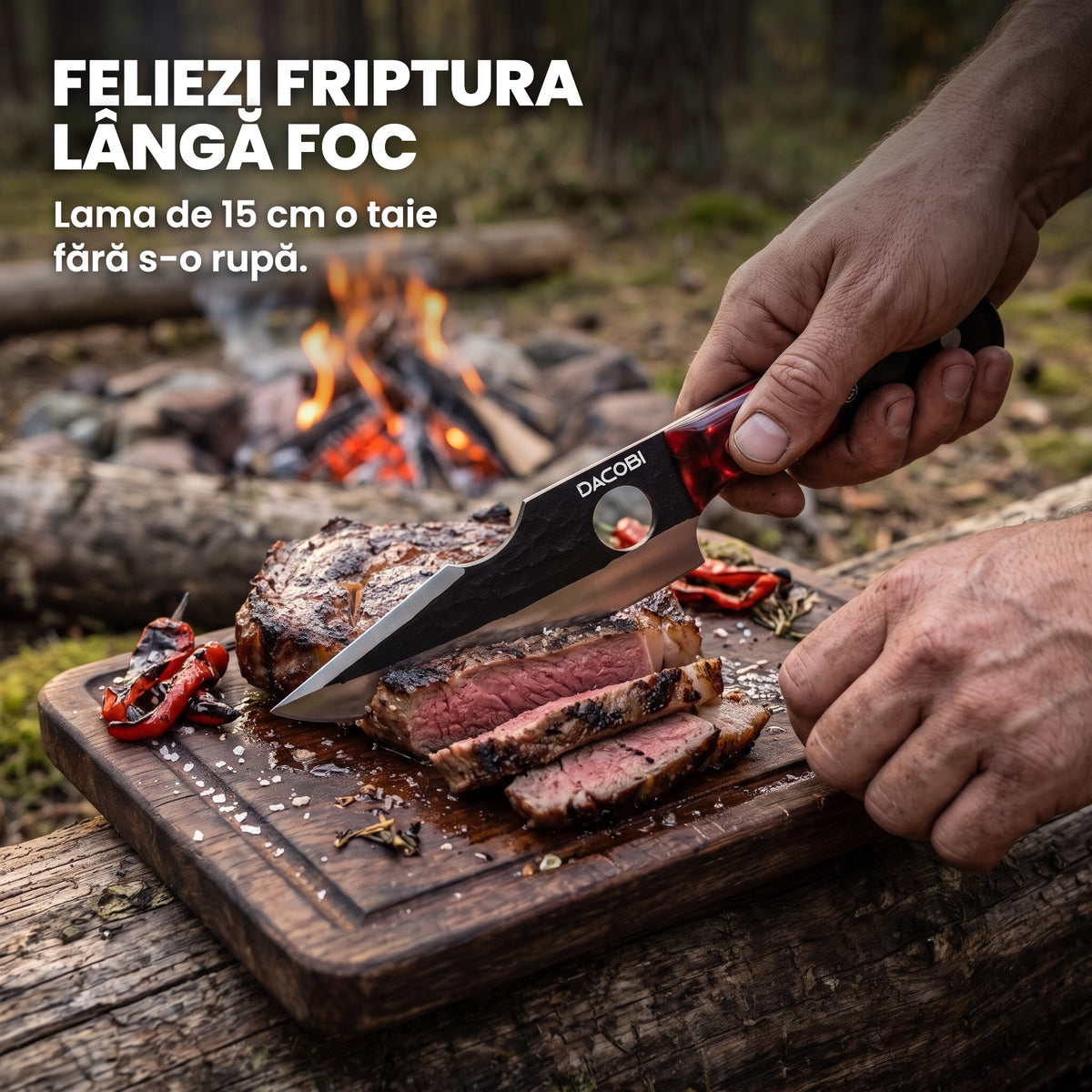 Vesuvio feliind o friptură lângă foc, pe un tocător de lemn