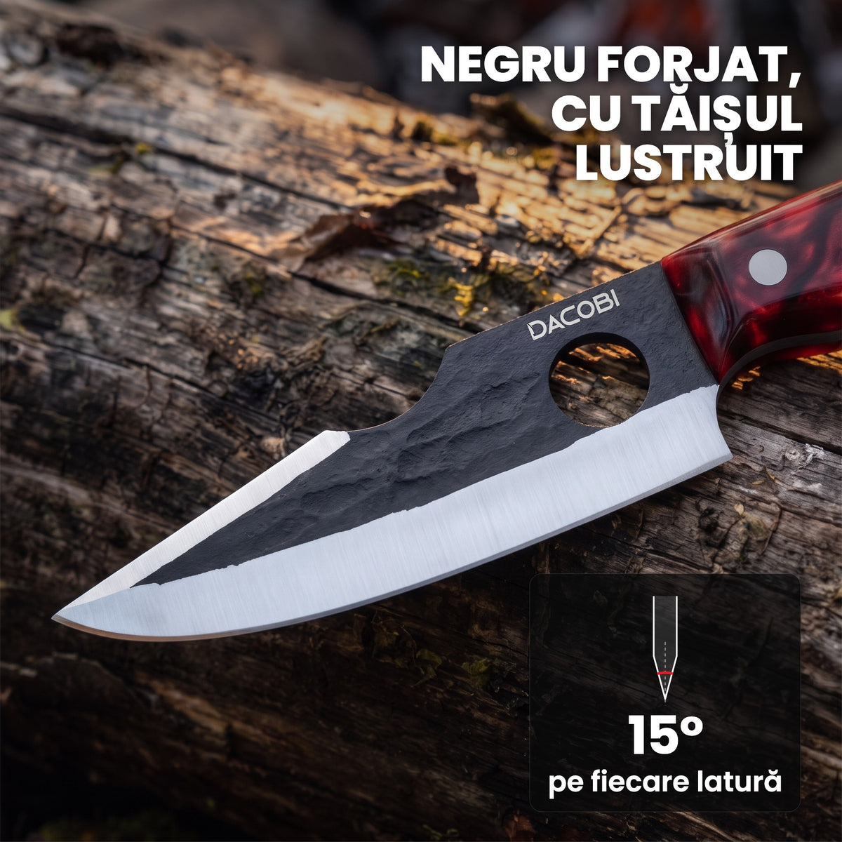 Lama Vesuvio de aproape: finisaj negru forjat, tăiș lustruit de 15° pe fiecare parte