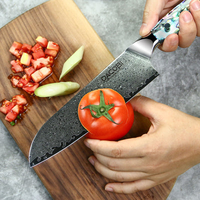 Cuțit Santoku, cuțit pentru legume, oțel damasc, mâner rășină, 18 cm (C23) - DACOBI.ro