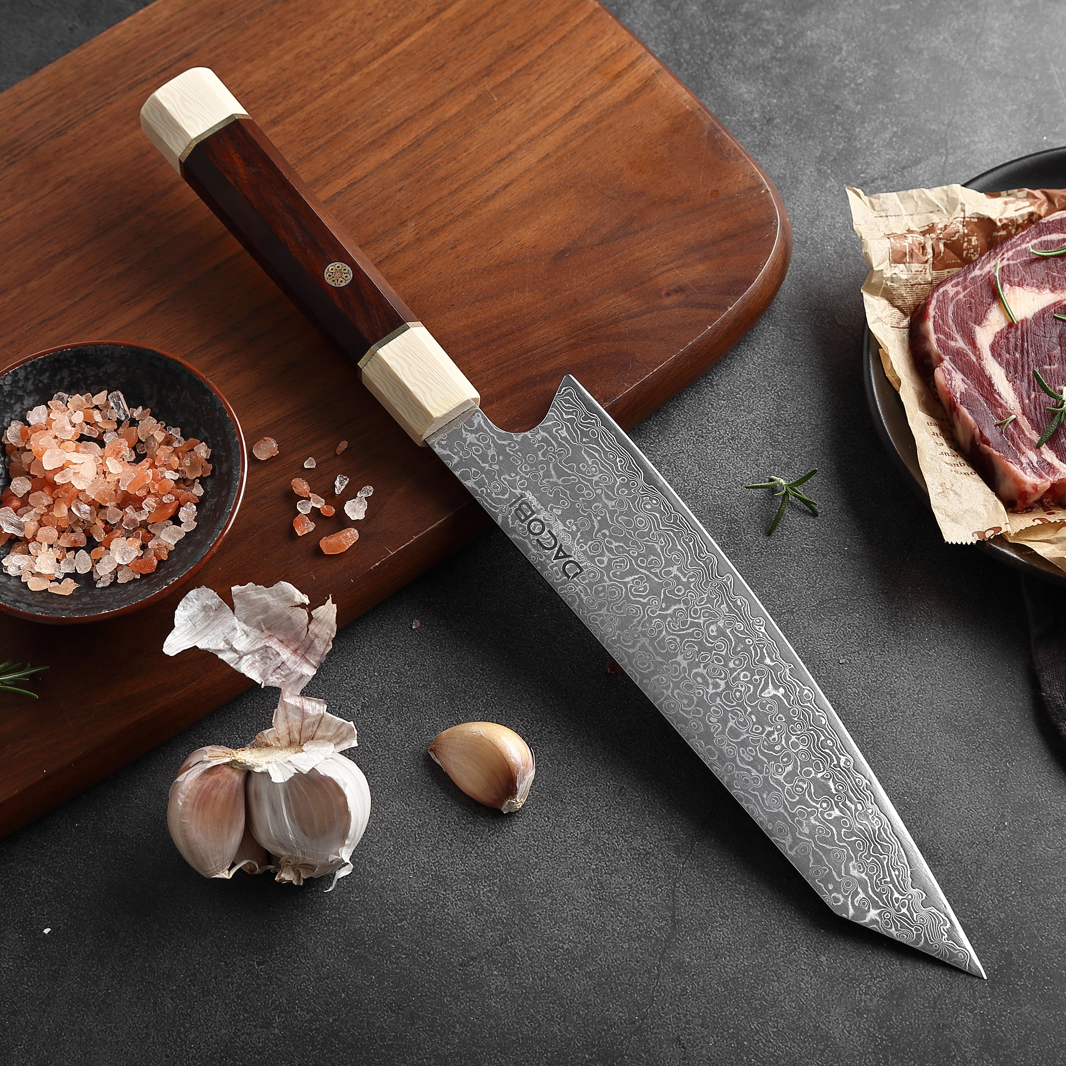 Cuțit Kiritsuke, cuțit profesional, mâner lemn trandafir, Kiritsuke oțel damasc, 20.5 cm (C13) - DACOBI.ro