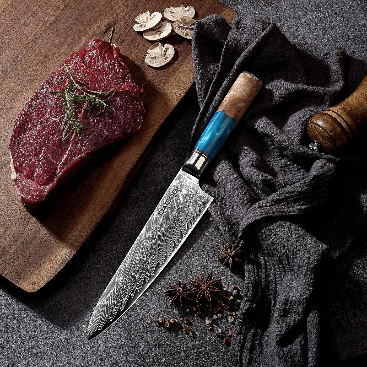 Cuțitul bucătarului, cuțit profesional, oțel damasc, mâner rășină și lemn, 20 cm (C1) - DACOBI.ro