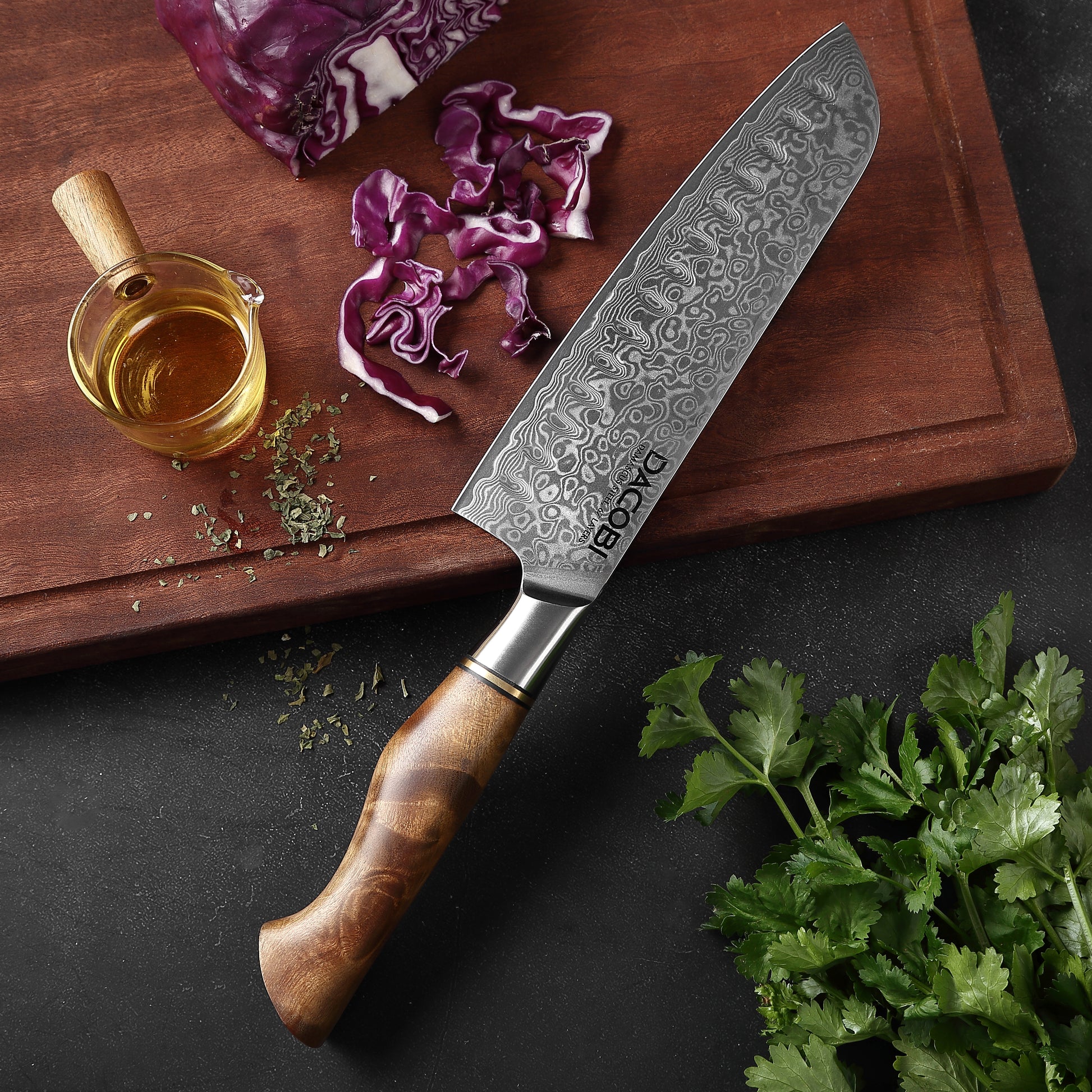 Cuțit Santoku, mâner ergonomic Sycamore Wood, oțel damasc, 18 cm (C33) - DACOBI.ro